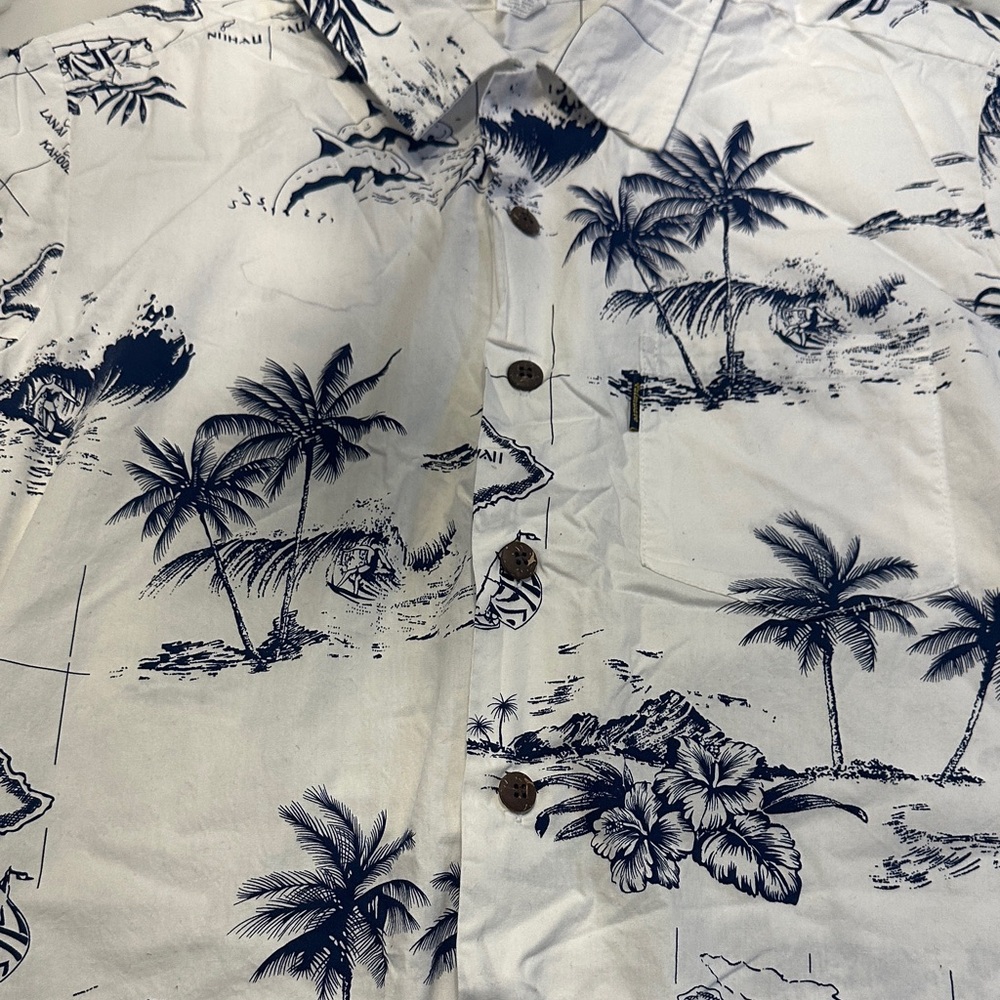 Men's White and Blue Tropical Print Casual Shirt - Picture 4 of 6